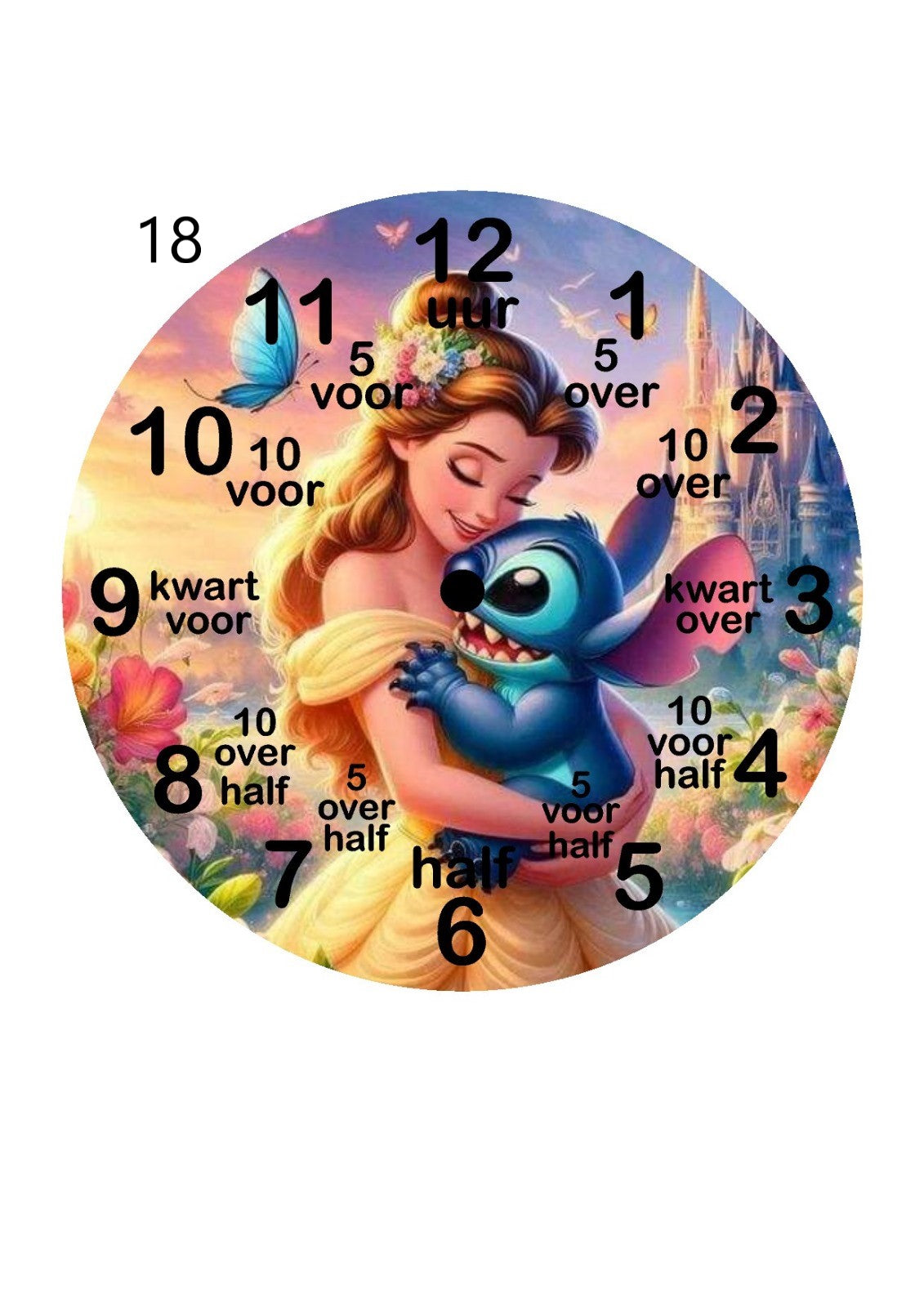 Kinderklok verkrijgbaar met een rand in wit, zandbeige, zwart of olijfgroen, met diverse themadesigns naar keuze. De klok heeft duidelijke cijfers en extra aanduidingen zoals "kwart voor" en "half" om kinderen te helpen bij het leren klokkijken. Een speelse en leerzame toevoeging aan elke kinderkamer!