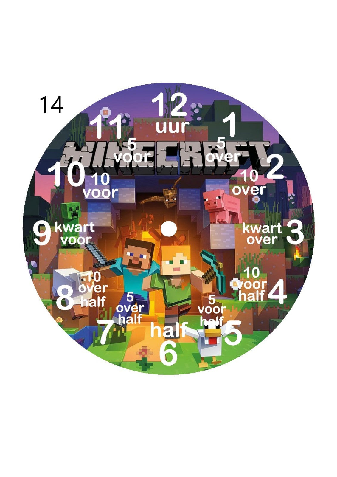 Kinderklok verkrijgbaar met een rand in wit, zandbeige, zwart of olijfgroen, met diverse themadesigns naar keuze. De klok heeft duidelijke cijfers en extra aanduidingen zoals "kwart voor" en "half" om kinderen te helpen bij het leren klokkijken. Een speelse en leerzame toevoeging aan elke kinderkamer!