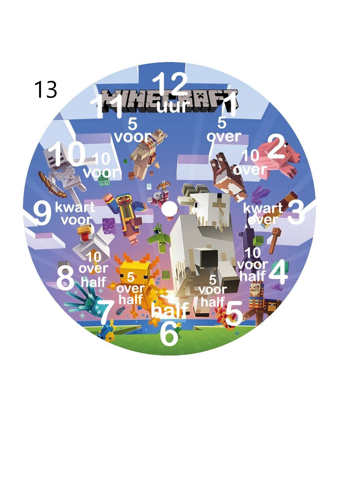 Kinderklok verkrijgbaar met een rand in wit, zandbeige, zwart of olijfgroen, met diverse themadesigns naar keuze. De klok heeft duidelijke cijfers en extra aanduidingen zoals "kwart voor" en "half" om kinderen te helpen bij het leren klokkijken. Een speelse en leerzame toevoeging aan elke kinderkamer!