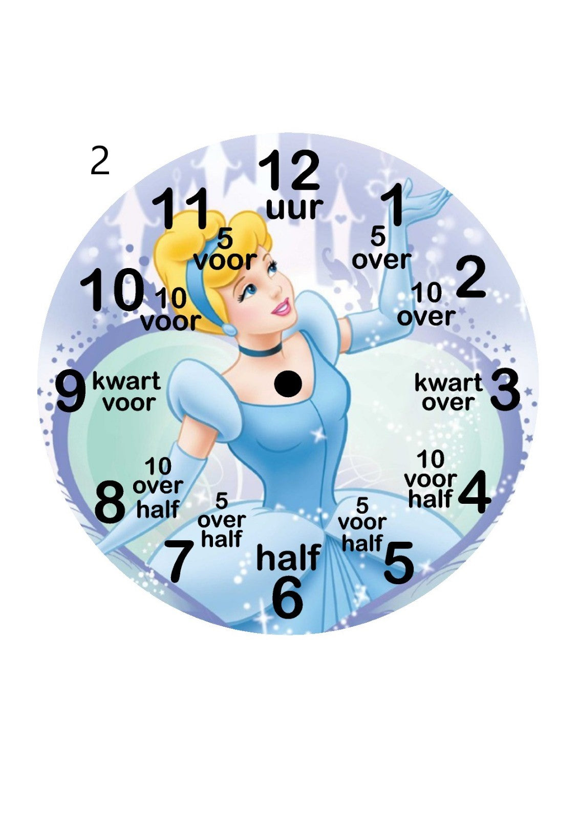 Kinderklok verkrijgbaar met een rand in wit, zandbeige, zwart of olijfgroen, met diverse themadesigns naar keuze. De klok heeft duidelijke cijfers en extra aanduidingen zoals "kwart voor" en "half" om kinderen te helpen bij het leren klokkijken. Een speelse en leerzame toevoeging aan elke kinderkamer!