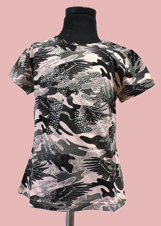 👚 Trendy Meisjesshirt met Camouflage & Vleugelprint – Met Strass Details